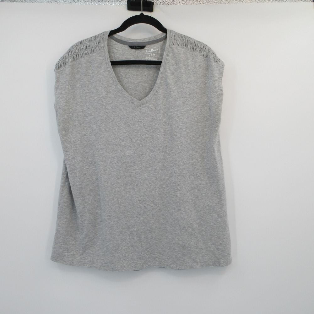 LL Bean Womens Gray V-Neck Ruched Shoulder Cotton Modal Top Size L 513119